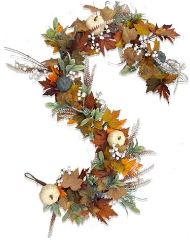 wueiooskj 5.91 FT Artificial Autumn Fall Garland, Hanging Realistic Fall Garland with Pumpkin, Realistic Maple Leaf Garlands Harvest Decor for Mantle, Table Fireplace, Porch