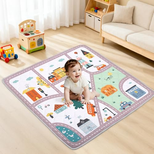 Krabbelmatt Baby 127x127cm,Faltbar Spielmatte Baby,Weiche Dicke Krabbeldecke maschinenwaschbare für Laufgitter,Rutschfester Spieldecke für mädchen jungen kinder zum Krabbeln,Stadtstraße