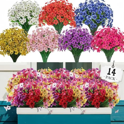 SurezoTich 14 Bundles Artificial Flowers for Outdoor, 7 Colors UV Resistant Shrubs Plants, No Fade Faux Plants Garden Porch Window Box Decorating,for Vase Hanging Planter Home Wedding Decor
