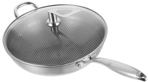 Lurrose Padella Wok Antiaderente a Nido D'ape con Coperchio 34 Cm in Acciaio Inox 410 Resistente per Cucina Casalinga e Professionale