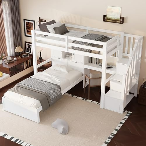 BTM Etagenbett Bettgestell 90 x 200 cm mit Schreibtisch Kinder Bett mit Treppe, Regalen, Stauraumbett, Stockbett für 2 Kinder Weiß,ohne Matratze