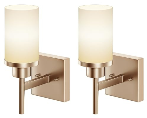 AONEON Vanity Lighting Fixtures with White Frosted Glass Shade, Champagne Bronze Wall Lamps for Bathroom Mirror Bedroom Living Room Porch, 2 Pack T001CPG-L1-P2