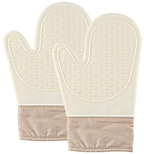 1 Pair Silicone Oven Gloves, Heat Resistant Food Grade Oven Gloves, Waterproof, Stain Resistant, Non-Slip Silicone Kitchen Mitts for Grill, BBQ Cooking Baking Microwave Gauntlet (White)