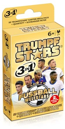 TRUMPFSTARS Fußball Weltstars Kartenspiel 3 in 1 – Trumpf Quartett Schwarzer Peter – 50 Karten Mega Pack – Fußball Stars Karten Spiel ab 6 Jahre – für 2 oder mehr Spieler – plastikfreie Verpackung