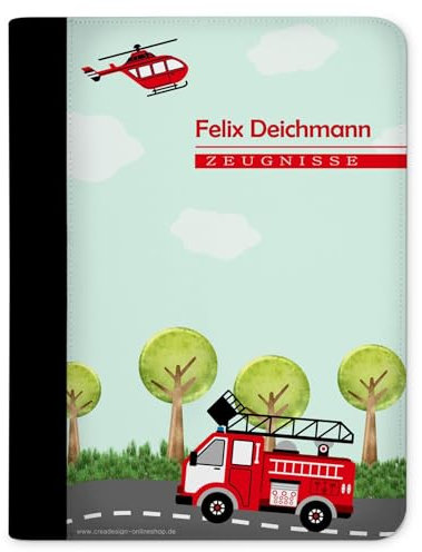 CreaDesign, Kinder Zeugnismappe mit Namen personalisiert, Zeugnis Mappe Feuerwehr mit 10 Klarsichthüllen, A4, 26,7 x 32,7 x 1 cm, Rücken schwarz