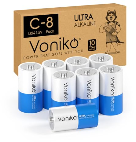 Voniko Ultra Alkaline C Batteries, C Size LR14 Batteries 8 Pack – 10-Year Shelf Life and 6-9 Times The Power as Carbon Batteries, C Cell 1.5 Volt Battery