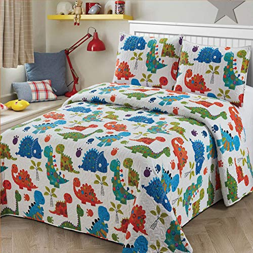 3pc Full/Queen Size Quilt Bedspread Kids/Teens Boys Girls DinosaursWhite Blue Green Orange Baby Dinosaours Multicolor Bedding New
