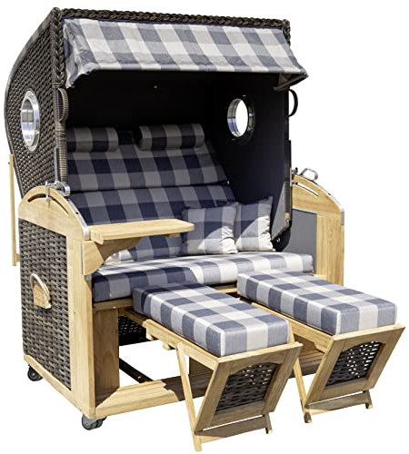 Trendyshop365 Strandkorb Teak XL 2-Sitzer aufgebaut mit Bullaugen Lifter Rollen Kissen Polster anthrazit-kariert