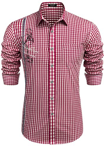 COOFANDY Traditionell skjorta herr rutig skjorta smal passform långärmad fritid oktoberfest rutig skjorta för män, a-röd, XL