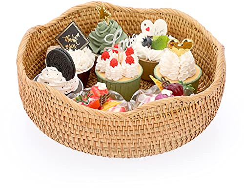 SUMTree Panier de service plateau tissé en rotin fait à la main, rond 28CM | Corbeille à fruits, Décoration de table, Rangement pour cookies, Pain, Fruits