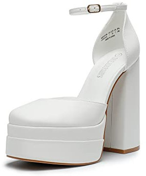 DREAM PAIRS Women’s High Chunky Platform Closed Toe Block Heels Square Toe Ankle Strap Dress Wedding Party Pumps Shoes SDPU2319W,Size 7,White,SDPU2319W