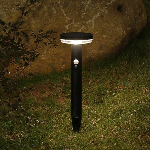 DAWALIGHT Garden Post Lights Solar Powered Waterproof IP44 Waterproof 3 Mode LED Bollard Light 3000k Round Motion Sensor Post Light with Stake for Pathway Driveway Porch Lawn, Stainless Steel, Black