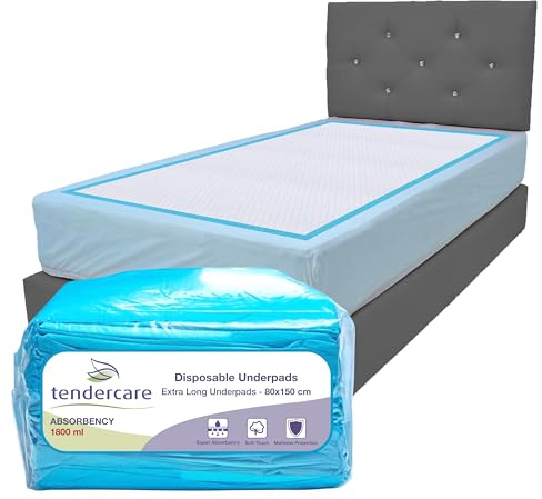 Tendercare - 40 Unterlagen – 80 cm x 150 cm extra lang – 1800 ml hohe Saugfähigkeit – bequem & sicher – Inkontinenz-Betteinlagen – Sitz- & Bettschoner bei Inkontinenz