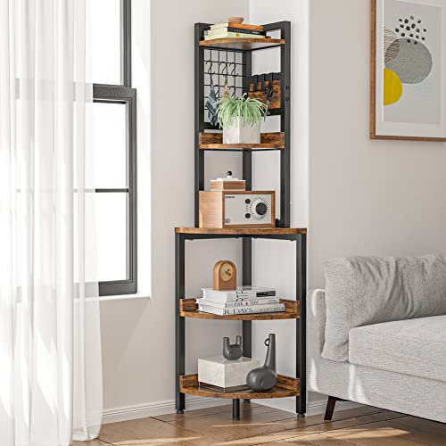 Dripex Eckregal mit 5 Ebenen, Bücherregal, Standregal mit Metallrahmen, Pflanzenregal, Aufbewahrungsregal für Wohnzimmer, Küche, Vintagebraun+schwarz, Industrie-Design, 40x40x152cm