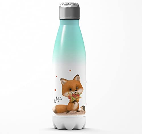 MIKALINO Kinder Trinkflasche Edelstahl 500 ml - Trinkflasche Edelstahl Kinder mit Fuchs-Motiv und Namen - Edelstahl Trinkflasche Kinder auslaufsicher - Thermosflasche