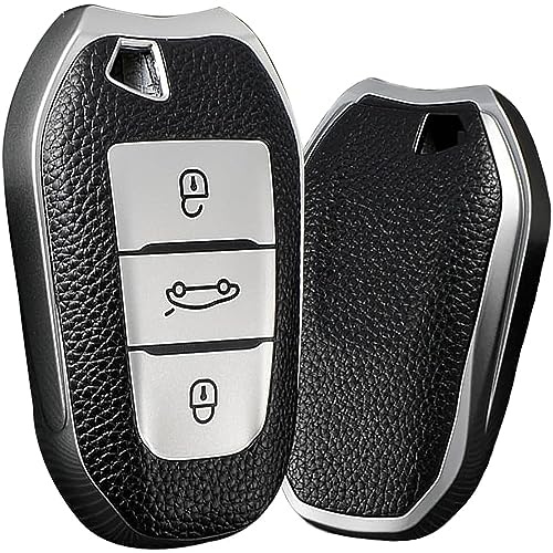 KUNIO Schlüsselhülle Passt für Peugeot 308 408 508 208 2008 3008 4008 5008 Passt für Citroen Grand C4 Picasso C4L C6 C3-XR TPU Leder-Textur Schlüsseletui Autoschlüssel Hülle 3 Tasten Silber