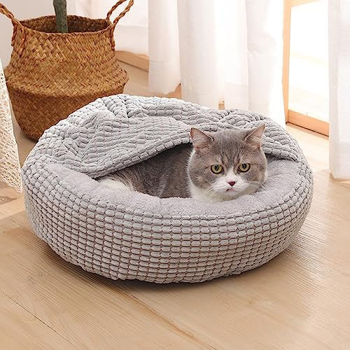 Nyescasa Hundebett Katzenbett Katzenkissen Hundekissen Hundesofa Katzensofa Hundecouch Hundekorb Hundematte Haustierbett mit Kapuze für Mittelgroße Hunde Katzen Weich Waschbar Runde Grau 60*60*22cm
