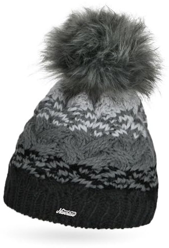 Neverless® Damen Strick-Mütze mit Fleecefutter Fell-Bommel Kunstfell Wintermütze Bommelmütze Grobstrick Mehrfarbig schwarz-dunkelgrau-hellgrau Unisize