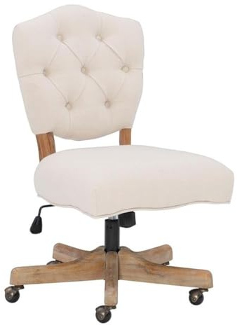 Pemberly Row Wood Swivel Office Chair, Adjustable Height, Grey Wash Base, Beige Tufted Polyester Upholstery with Cushion, Antique Brass Casters, 25.25 W x 25 D x 35.75-39.75 H, Contemporary Home