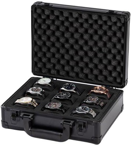 Comlly Metal Watch Box, 9-Slot Watch Case, Removable Watch Pillows, Watch Box Organizer, Gift for Loved Ones, Black aluminum，Christmas Gifts