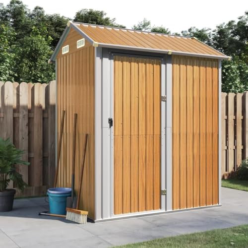 SECOLI Gerätehaus mit Holzunterstand Fahrradgarage Metall Unterstand Wetterfest Geräteschuppen Metallgerätehaus 192 x 152,5 x 237 cm Fahrradunterstand Hellbraun Geräteschuppen