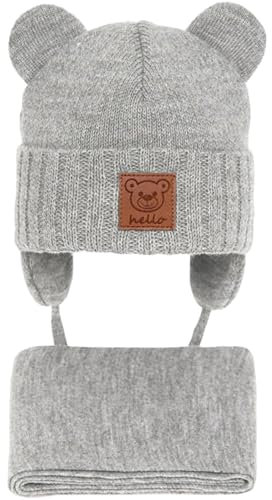 CiuchCiuch Set aus Mütze und Schal für Babys mit Ohren Hello - Wintermütze Mädchen Jungen Baby Kinder - Zu Weihnachten – Zur Taufe - Strickmütze mit Fleecefutter Beanie Grau 40-42 cm
