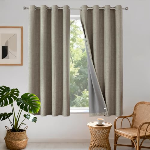 Joydeco 100 % Verdunkelungsvorhänge, gefüttert, Leinenoptik, strukturiert, wärmeisoliert, kurze Ösenvorhänge mit Beschichtung, Rückschicht für Wohnzimmer, Schlafzimmer, Leinenfarbe, 2 Paneele
