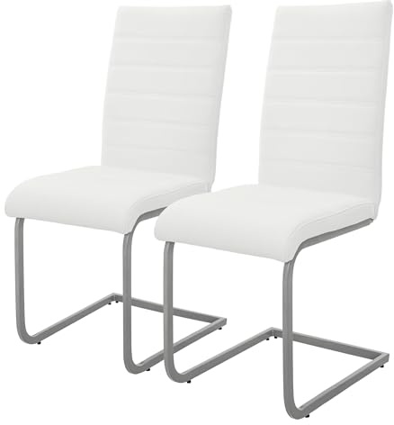 ML-Design Esszimmerstühle 2er Set, Weiß, Schwingstuhl, Freischwinger Stuhl mit hoher Rückenlehne, Ergonomische Küchenstühle aus Kunstleder & Metall, Moderner Polsterstuhl für Esstisch & Wohnzimmer