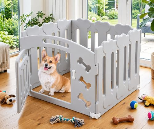 MAMIZO Welpenauslauf 60cm Hoch, Laufstall Hund 3+1 Platten Wetterfest | Plastik Welpenlaufstall, Faltbare Hundegitter mit Tor, Inkl. Saugnäpfe & Erdanker, Hundekäfig für Zuhause und Outdoor, Grau