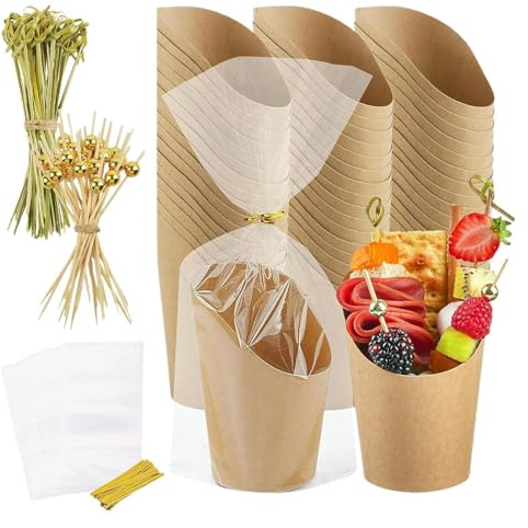 Coppe per salumi con bastoncini, Coppette per antipasti per feste - Tazze per patatine fritte in carta con bastoncini, sacchetti - Segnalini per alimenti, stuzzicadenti per cocktail, coppette da