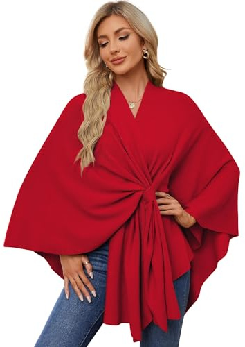 PULI - Poncho elegante da donna in maglia, poncho, mantelle, apertura anteriore, scialle versatile con linguetta, Colore: rosso, Taglia unica