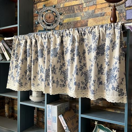 A.Monamour Tenda Corta Semi Oscurante per Finestra Piccola in Cotone Lino - Blu Floreale da Cucina Bistrot Caffè a Pannello per Porta