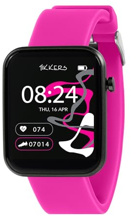 Tikkers Kids Series 13 smartklocka med fitnessmätare, väckarklocka, kamera, GPS-anslutning, pulsmätare, stegräknare, pekskärm, rosa silikonrem