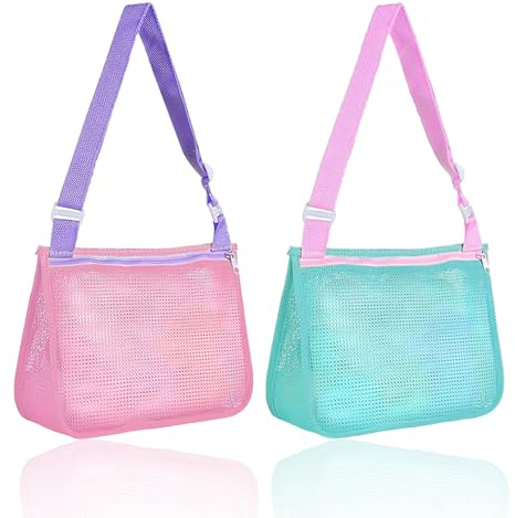 EHDWXVZM 2 Stück Strandspielzeug-Aufbewahrungstasche, Kinder-Strandtasche, Strandmuschel-Sammeltasche, Faltbare Polyester-Netz-Tasche, Größe 24 x 20 x 7 cm, Farbe Rosa und Grün