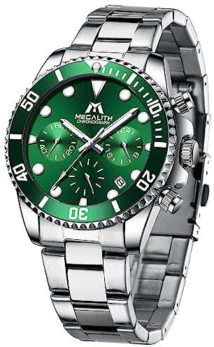 MEGALITH Uhren Herren Edelstahl Armbanduhr: Silber Grün Quarz Herrenuhr 40mm - Chronograph Männer Uhr Datum Leuchtende Wasserdicht