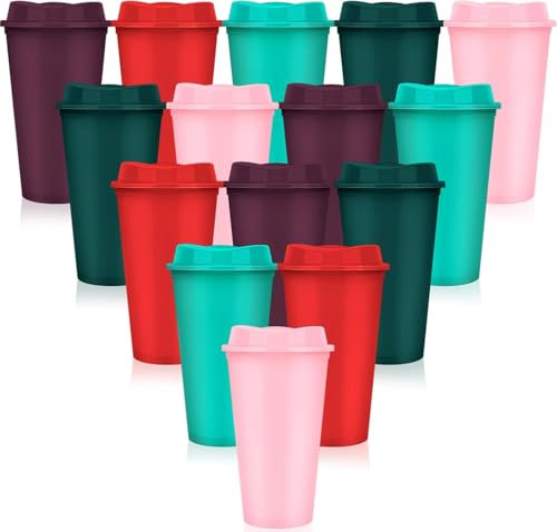 LYCN 15 Pack Wiederverwendbare Kaffeebecher mit Deckel, 470ml Bunter Plastik Reisebecher Kaffeetasse, Kaltgetränkebecher, Party to go Becher für eiskalten heißen Kaffee Smoothie Milchshake (Farbe2)
