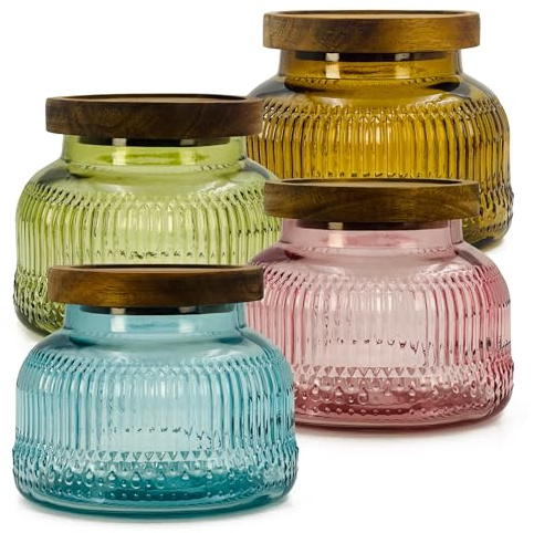 Barattolo decorativo in vetro con coperchio ermetico in legno, 750 ml, 4 pezzi, bocca larga, vintage, contenitori per alimenti da cucina, per biscotti, caramelle, miele, farina, spezie, caffè, tè
