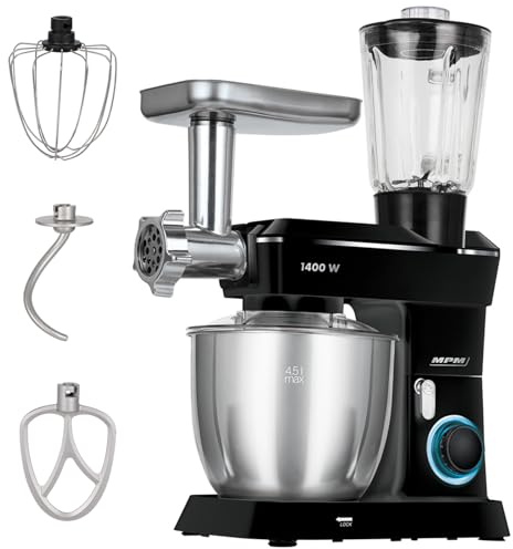 MPM Planetarische Küchenmaschine MRK-24 - Multifunktional Mixer Küche 4,5l - Küchengeräte Vielseitig Einsetzbar 1400W - Zwei Schüsseln - Drei Austauschbare Rührbesen