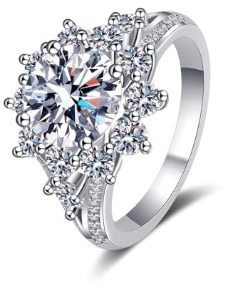 Damenring Weissgold 14K, Verlobungsring Damen Blume mit 3 Karat Weiß Rundschliff Laborgewachsener Diamant Größe 61 (19.4)