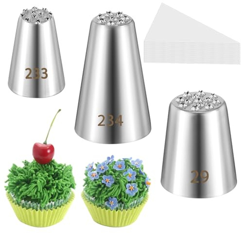 3 Stück Große Spritztüllen, Spritztüllen Aus Gras Mit Spritzbeutel, Professionelle Spritztülle Gras (233, 234 Und 23m) Dekorationsspitzen zum Glasiere Von Torten Und Cupcakes