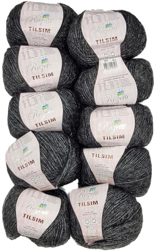 10x50 Gramm Ilkadim Export Tilsim Strickgarn mit Glitzer, Glitter Strickwolle einfarbig, 500g Effektgarn (schwarz 362-14)