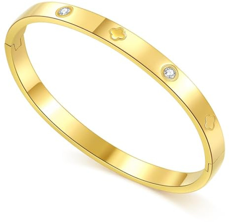 JYNXOR Damen Armreif Edelstahl Zirkonia Kubischer Stil 6mm breit mit Schließe Armspange Gravur für Frauen und Männer