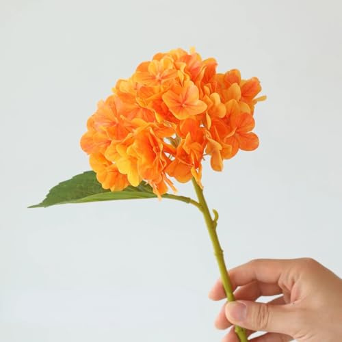 LIJUCAI Rama de Hortensia Artificial de látex, Flor Artificial de Tacto Real, hortensias Naranjas, decoración de cafeterías y hoteles, Flores Artificiales, Planta Verde (Naranja)