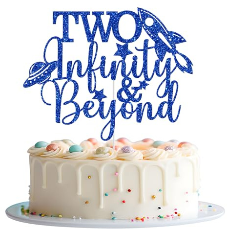 Two Infinity and Beyond Cake Topper, Happy 2nd Birthday Cake Topper, Space Inspired Story Themed 2nd Birthday Party Decorations, Blue Glitter