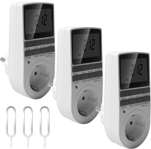 Temporizador de enchufe, 3 unidades Temporizador Digital, LCD Enchufe Temporizador Enchufe Temporizador con 16 Programas de Temporizador, Digital Eléctrico para Hogar y Oficina, Modo 12/24 h, Blanco