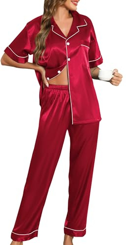 Lovasy Women's Satin Pyjama Set Classic Silky Pajama Button Down Ladies Pyjamas Two Piece Pjs Set,Wine Red,S