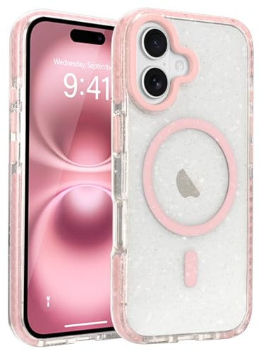 LLZ.COQUE Custodia magnetica per iPhone 16, compatibile con Magsafe, cover posteriore rigida trasparente glitterata per ragazze Wowen, in silicone, antiurto, custodia protettiva per iPhone 16, rosa