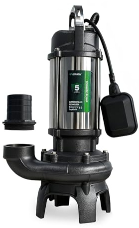 AIDPATH 1 HP Sewage Pump Submersible, Stainless Pump Casing, E-Coated Semi-Open Cast Iron Impeller, Auto Float Switch, 115V, 2 NPT Discharge for Sump Basin, Sewage Well, Basement, Septic Tank, Trash