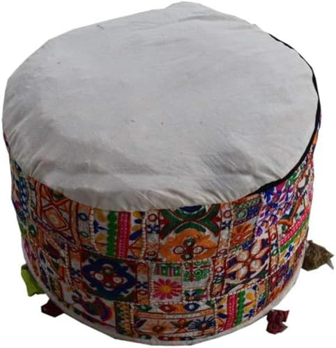 Arprani Indischer Ottoman-Pouf-Bezug Stickerei Vintage Baumwolle Bodenkissen & Kissen Patchwork Sitzsack Stuhlbezug Boho Bohemian Handmade Pouf Ottoman Cover