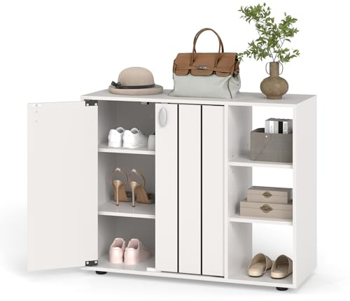 GOPLUS Armario para Zapatos, Zapatero de Madera de 3 Niveles con Puertas y Estantes Ajustables en 3 Alturas, Mueble Organizador Independiente para Entrada Recibidor (Blanco)